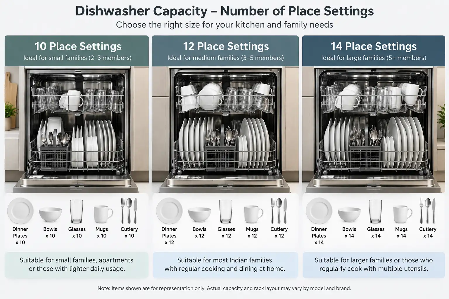 Dishwasher capacity comparison showing 10, 12 and 14 place settings