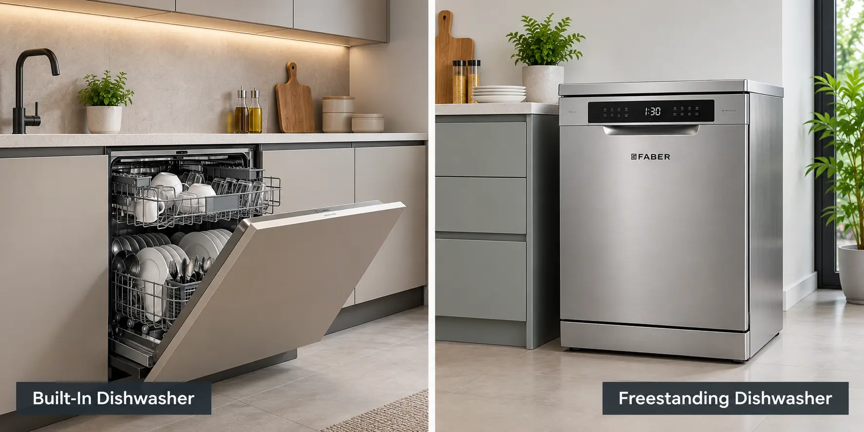 Built-in dishwasher vs freestanding dishwasher in a modern kitchen
