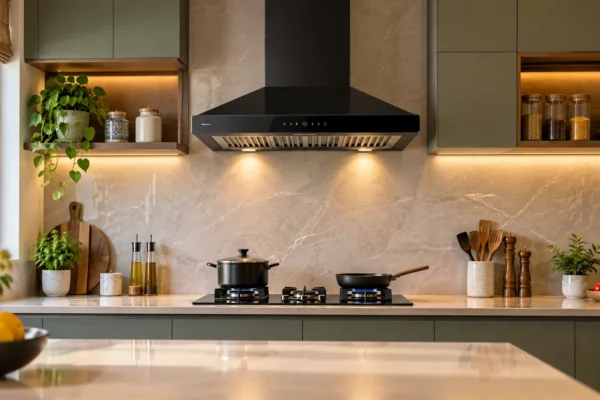 Modern kitchen chimney installed above a hob