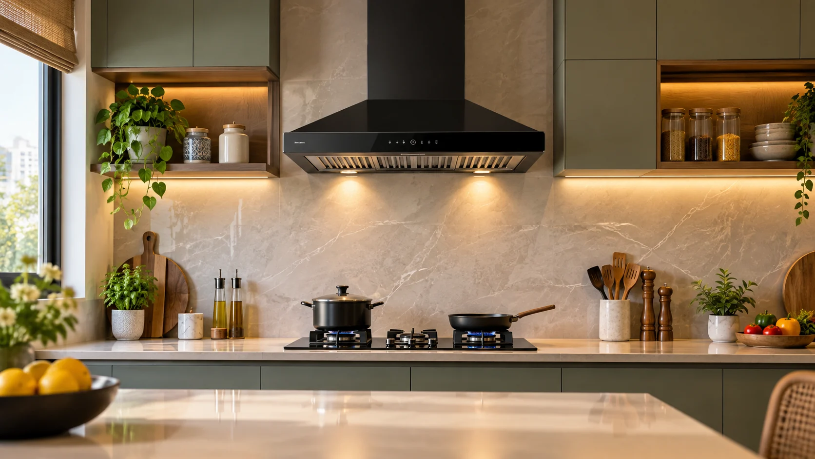 Modern kitchen chimney installed above a hob